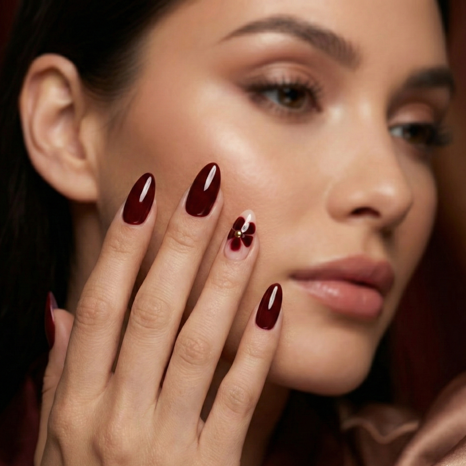 Dark Red Almonds with Cherry Embellishment Dark Red Almonds with Cherry Embellishment β Black Cherry Nails
