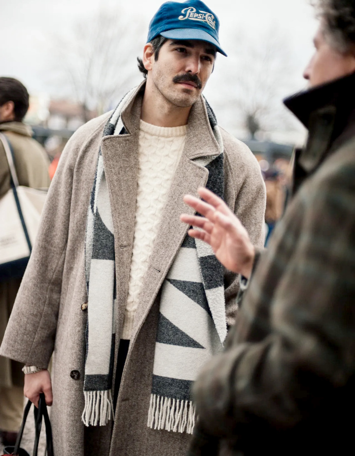 Sophisticated Wool Coat with Cable-Knit and Bold Scarf Sophisticated Wool Coat with Cable-Knit and Bold Scarf β Winter Outfits for Men