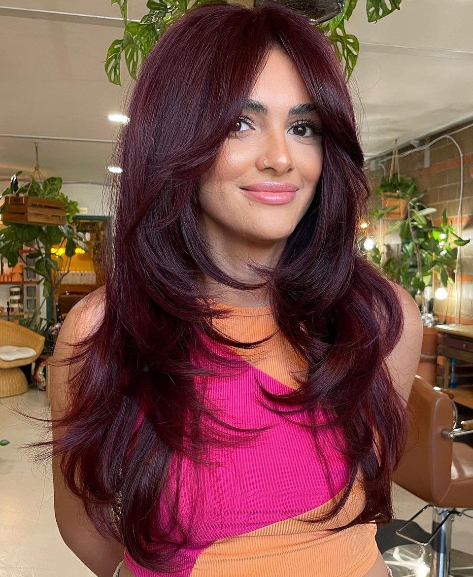 Long Mid-Back Wavy Burgundy Shine Long Mid-Back Wavy Burgundy Shine β Burgundy Hair Color