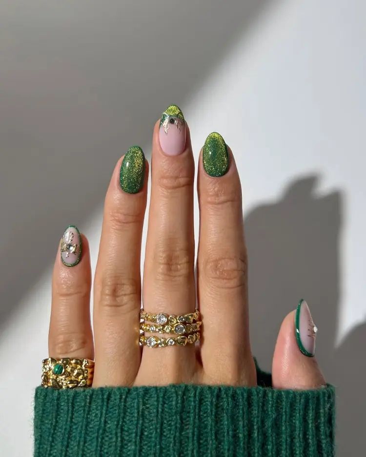 Green Glitter Pink Accent Medium Oval Nails Green Glitter Pink Accent Medium Oval Nails β Christmas Nails for Work 2026