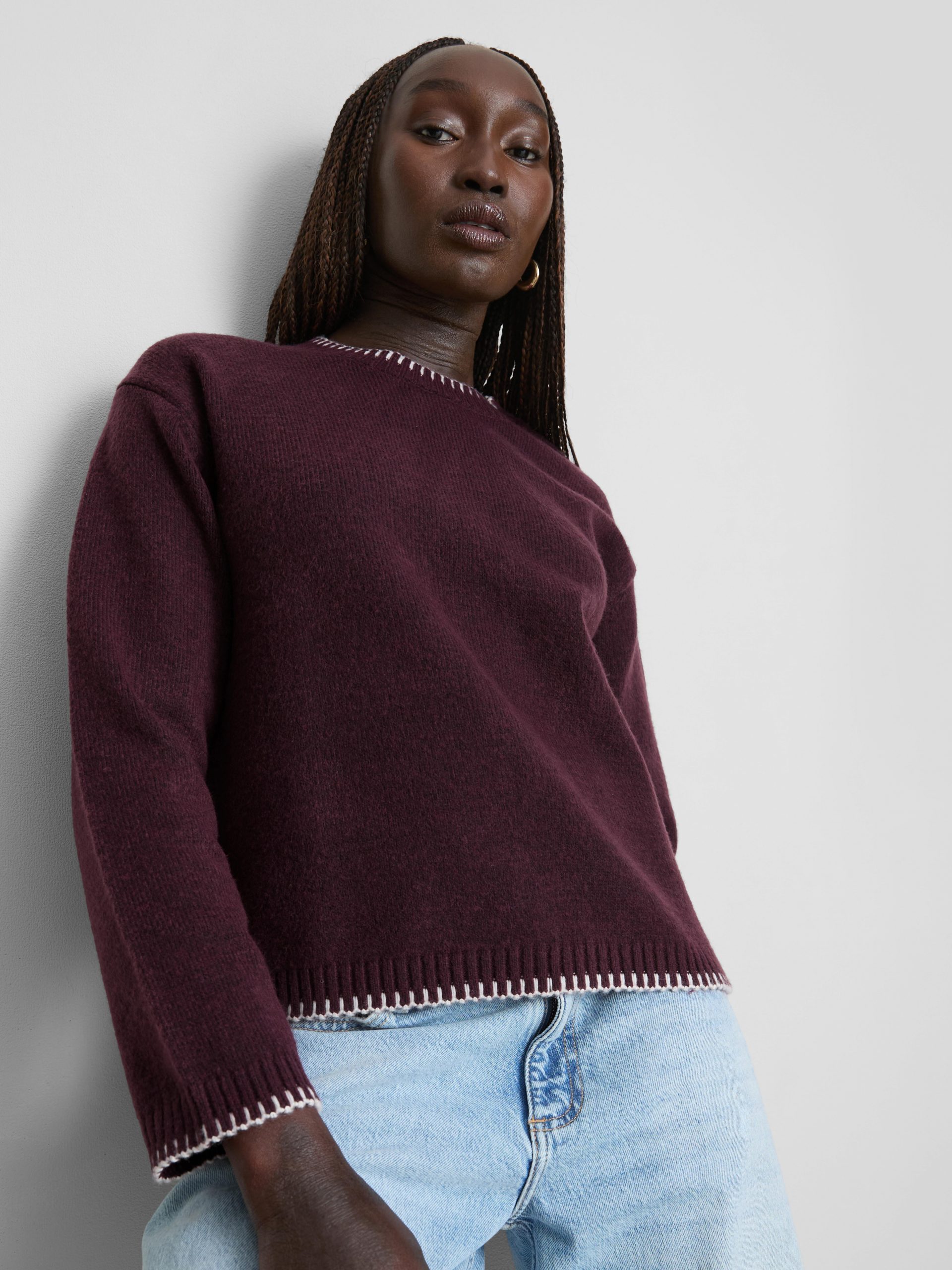 Burgundy Cable Knit Sweater with White Stitching and Denim Burgundy Cable Knit Sweater with White Stitching and Denim β Burgundy Outfits
