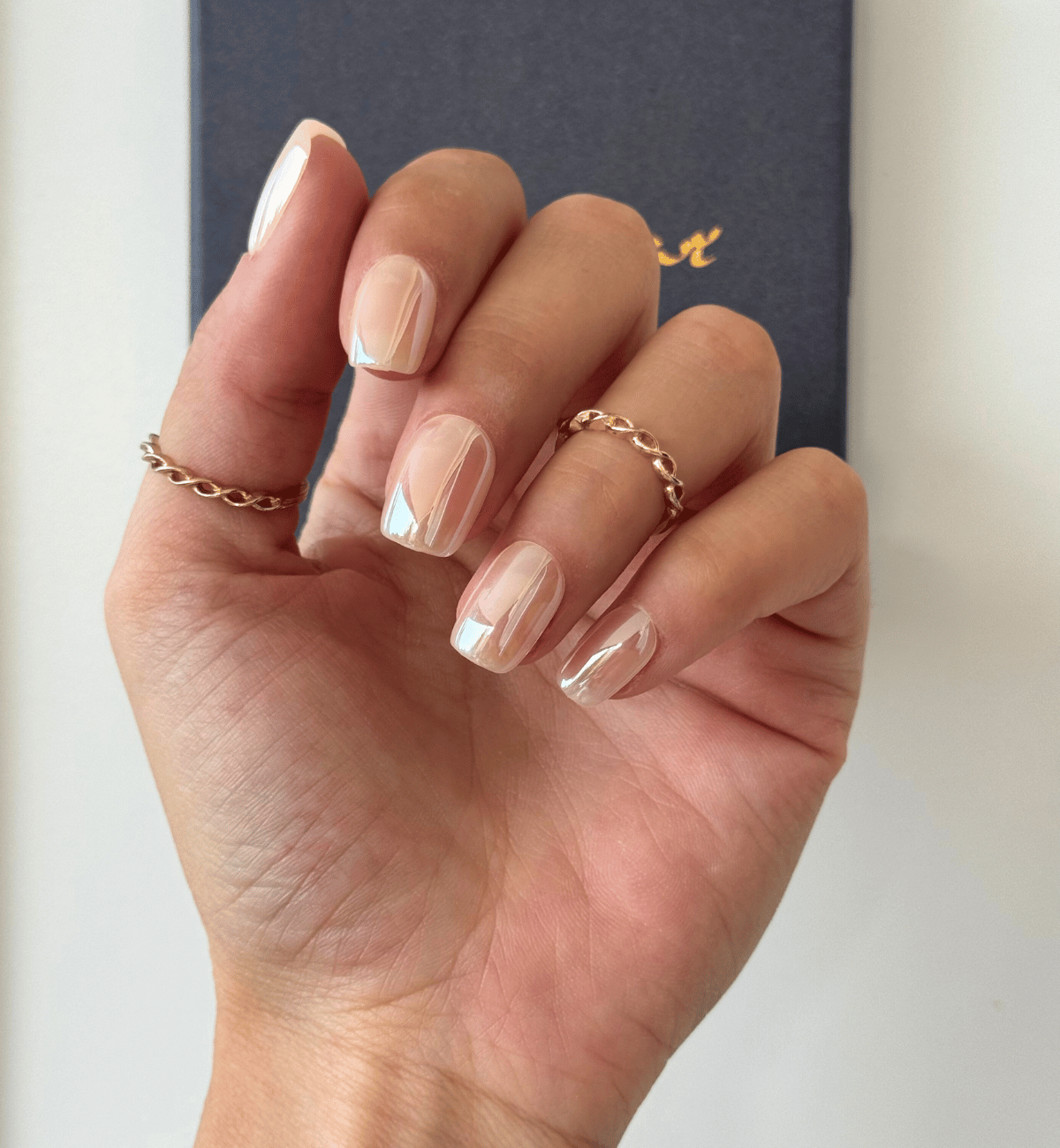 Pearlescent Nude Glossy Nails — Short Winter Square Nails