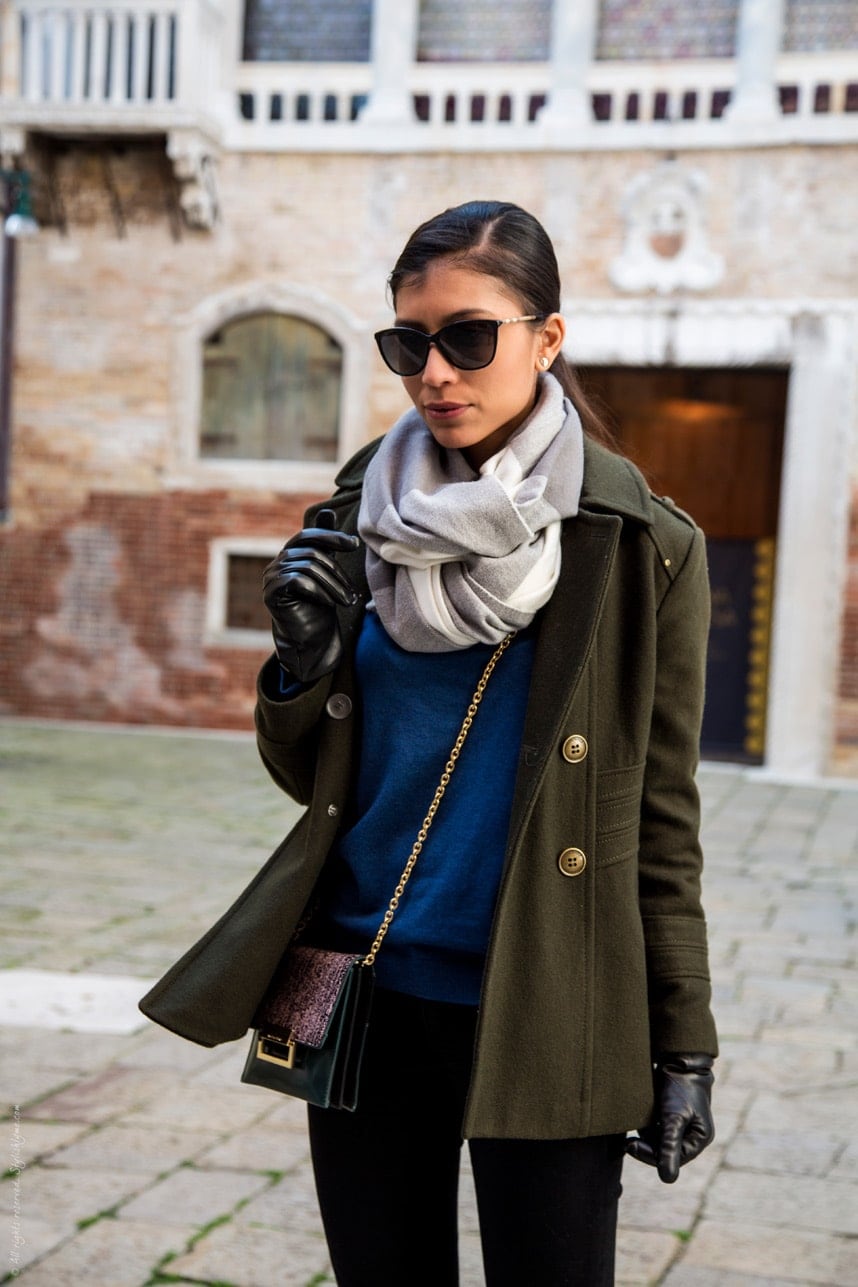 Peacoat and Striped Scarf for City Exploration — Winter Travel Outfits