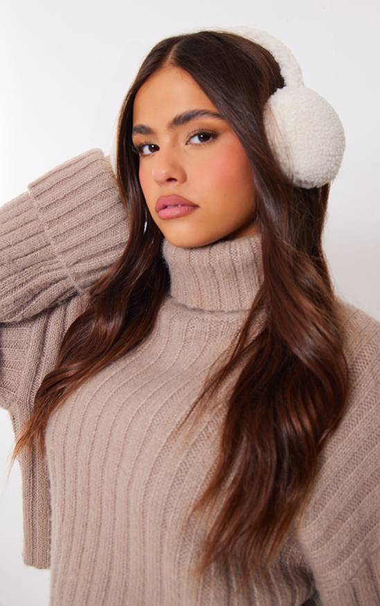 Cozy Cream Fluffy Earmuffs with a Ribbed Turtleneck Sweater — Earmuffs Outfits