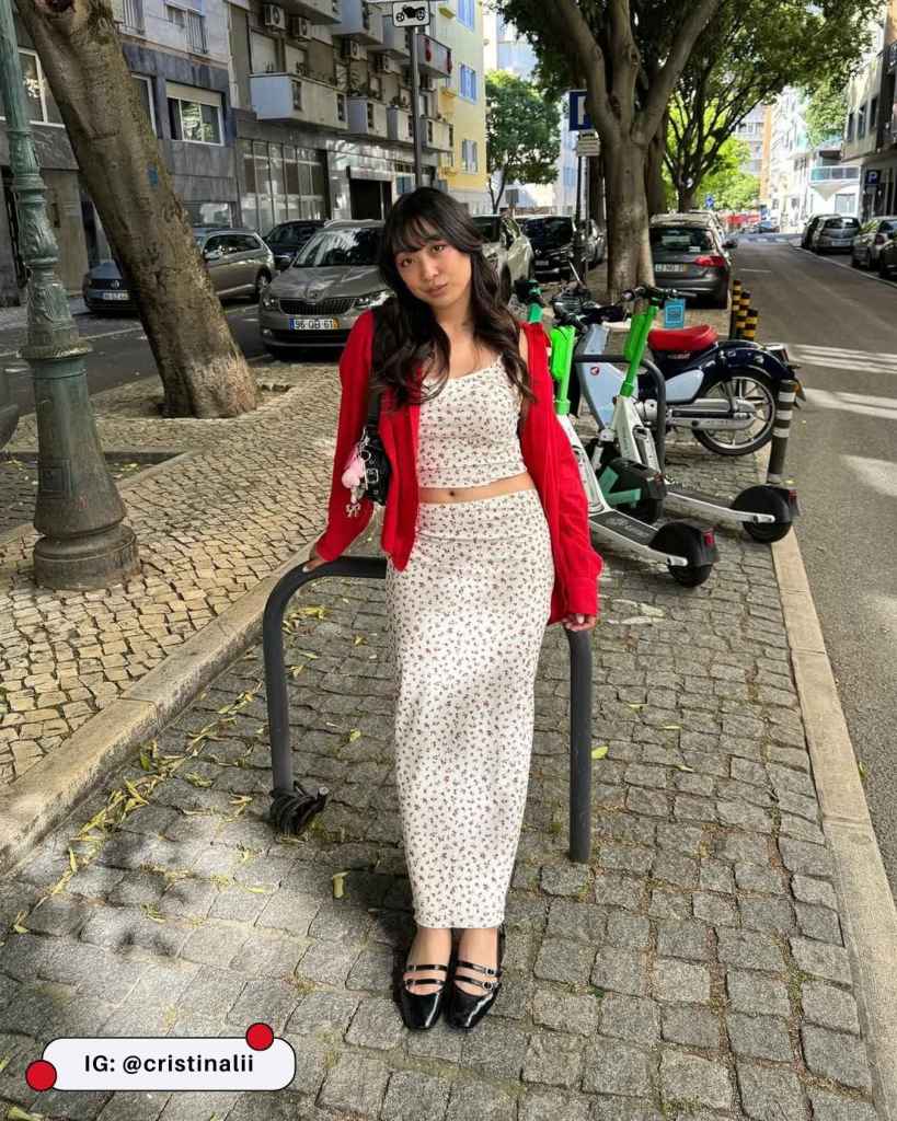 Red Knit Cardigan with Floral Maxi Skirt Red Knit Cardigan with Floral Maxi Skirt โ Cardigan Outfits