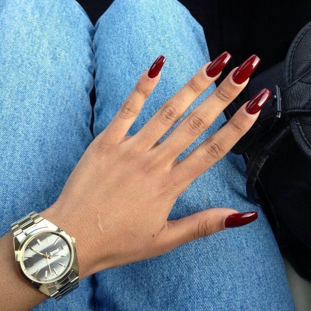 Solid Color Long Coffin Deep Glossy Burgundy Nails Solid Color Long Coffin Deep Glossy Burgundy Nails