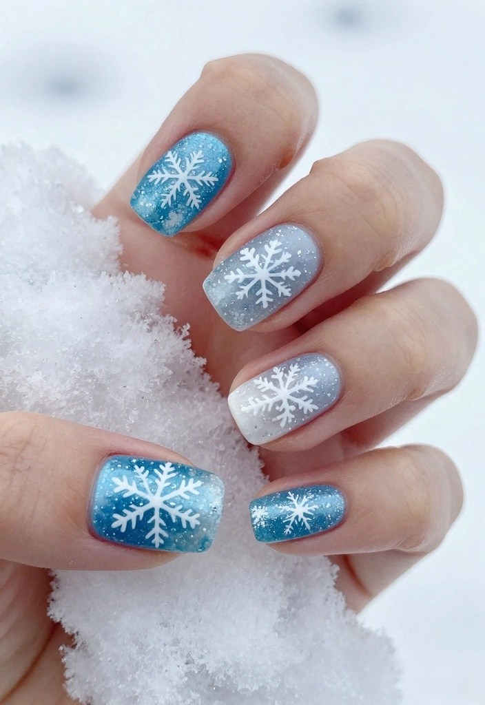 Classic Blue Gradient Snowflake Nails Classic Blue Gradient Snowflake Nails โ Winter Wonderland Nails