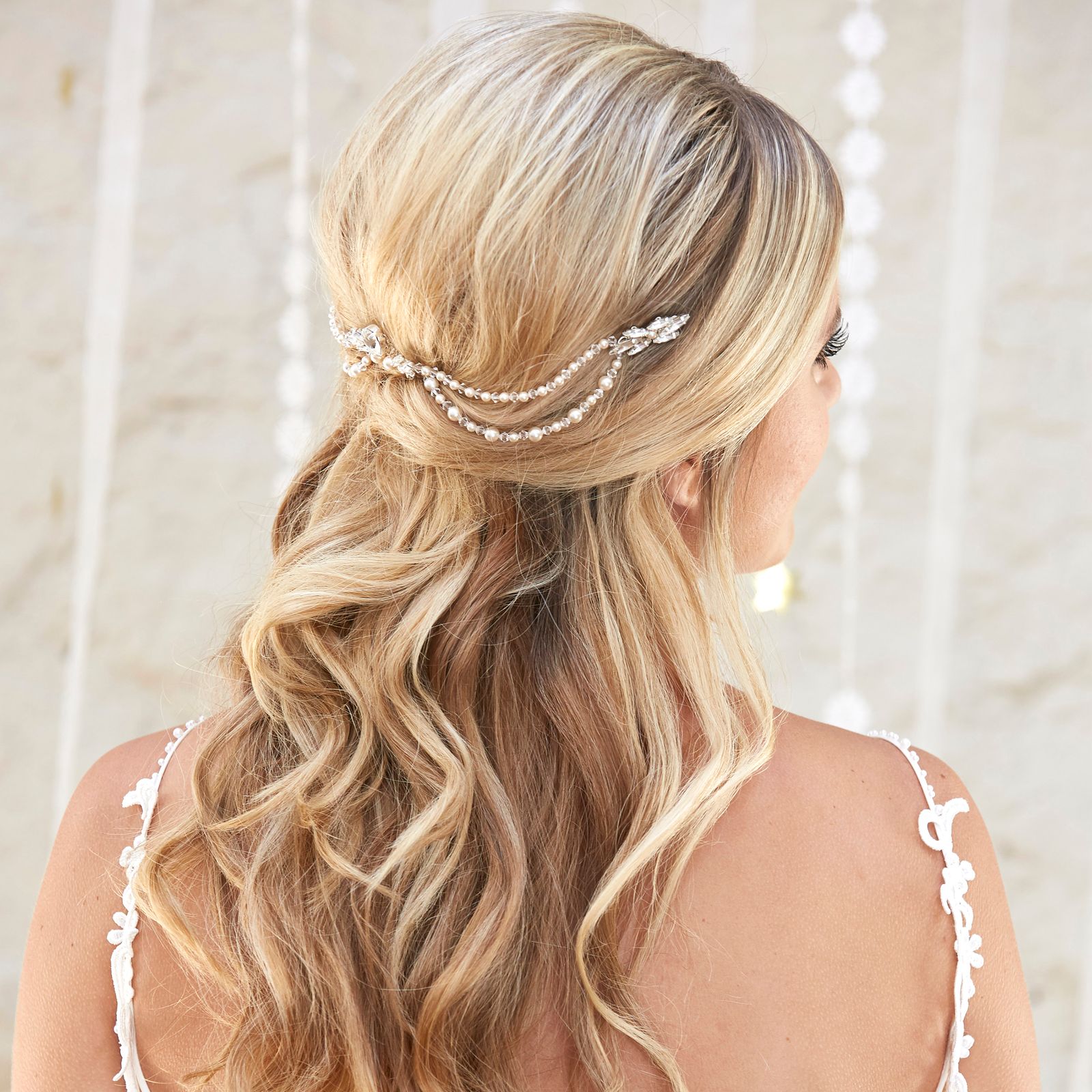Light Blonde Half-Up Waves With Pearls Light Blonde Half-Up Waves With Pearls β Winter Wedding Guest Hairstyles