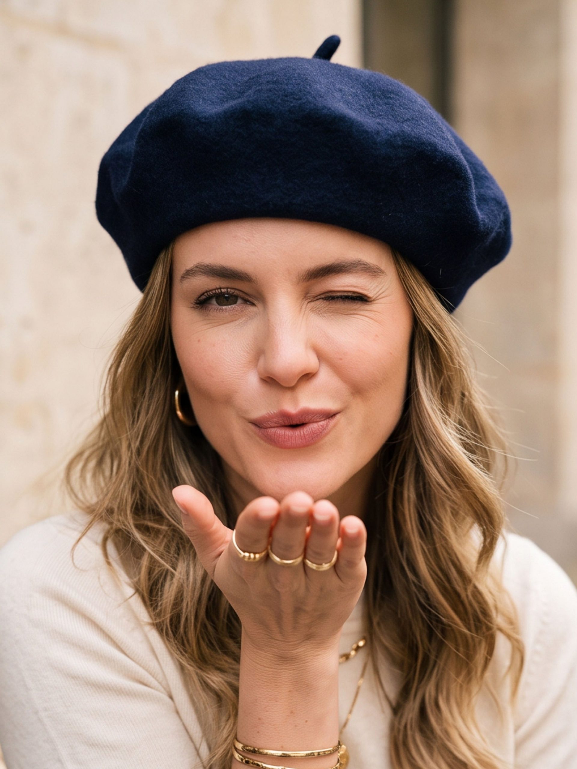 Navy Beret and Cream Knit Paired with Abundant Gold Jewelry Navy Beret and Cream Knit Paired with Abundant Gold Jewelry β Beret Outfits