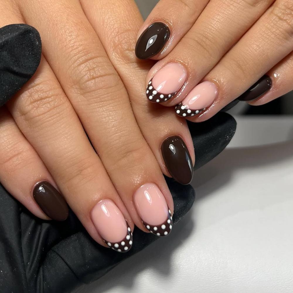 Polka Dot French Dark Brown Oval Nails Polka Dot French Dark Brown Oval Nails โ Winter Formal Nails