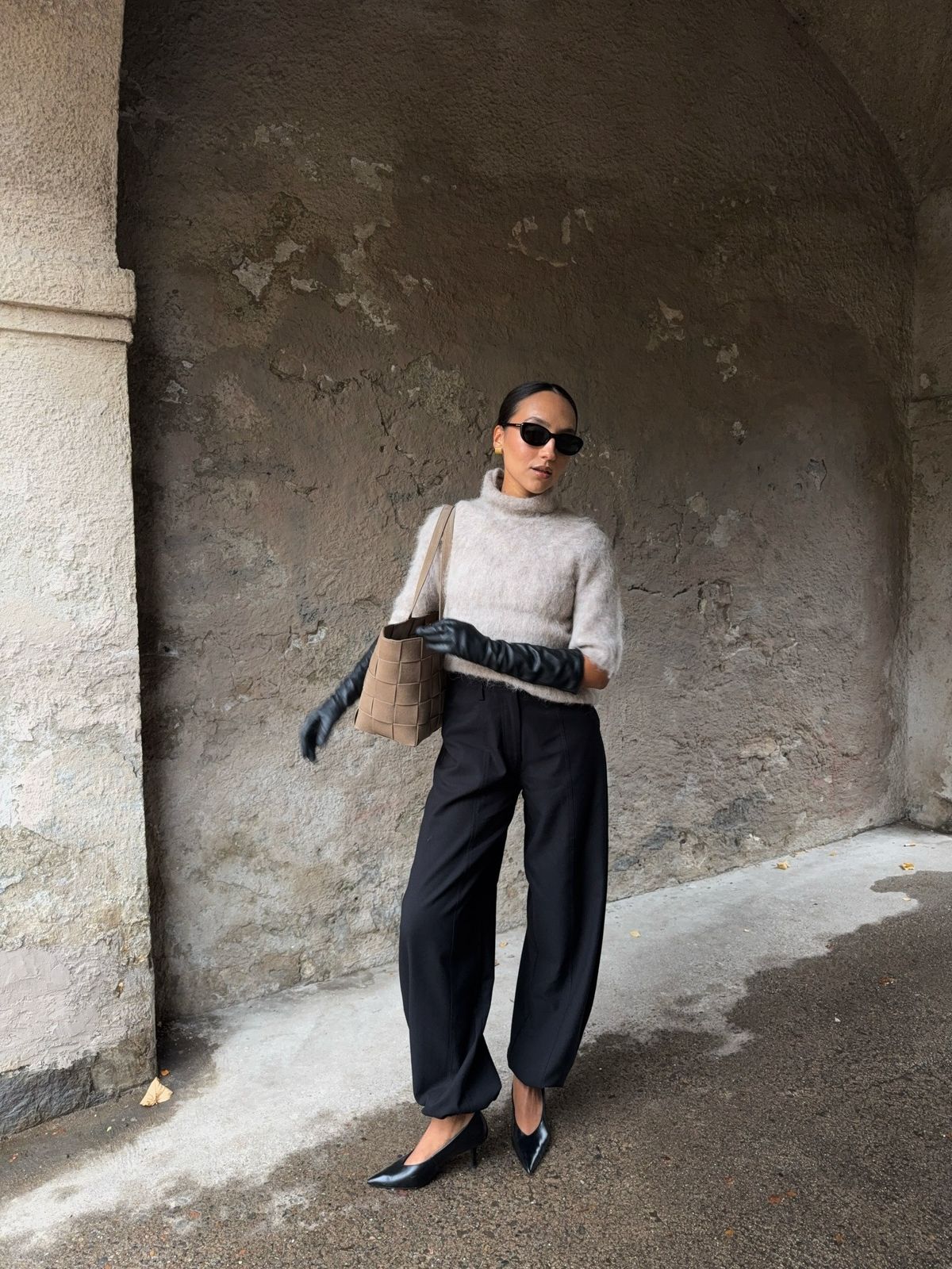 Wide-Leg Trousers and Turtleneck with Leather Gloves — January Outfits