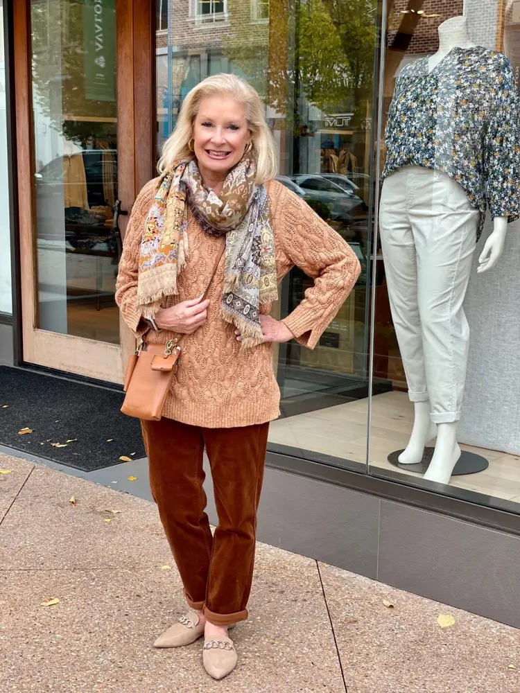 Cable-Knit Sweater and Corduroy Pants for a Cozy Day Cable-Knit Sweater and Corduroy Pants for a Cozy Day β Winter Outfits for Women Over 70