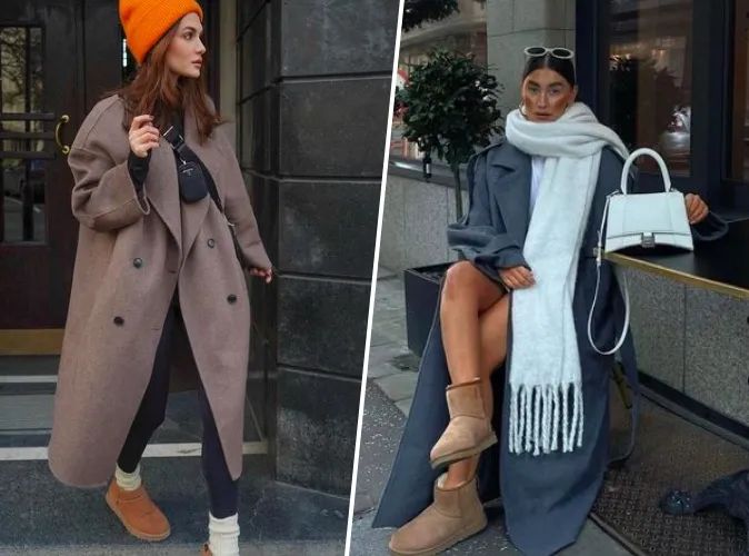 Brown Uggs with Oversized Grey Coat and Beanie — Ugg Boots Outfits