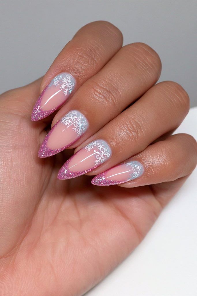 Sheer Pink Glitter French Tip Snowflake Stiletto Nails Sheer Pink Glitter French Tip Snowflake Stiletto Nails β Sparkly Winter Nails