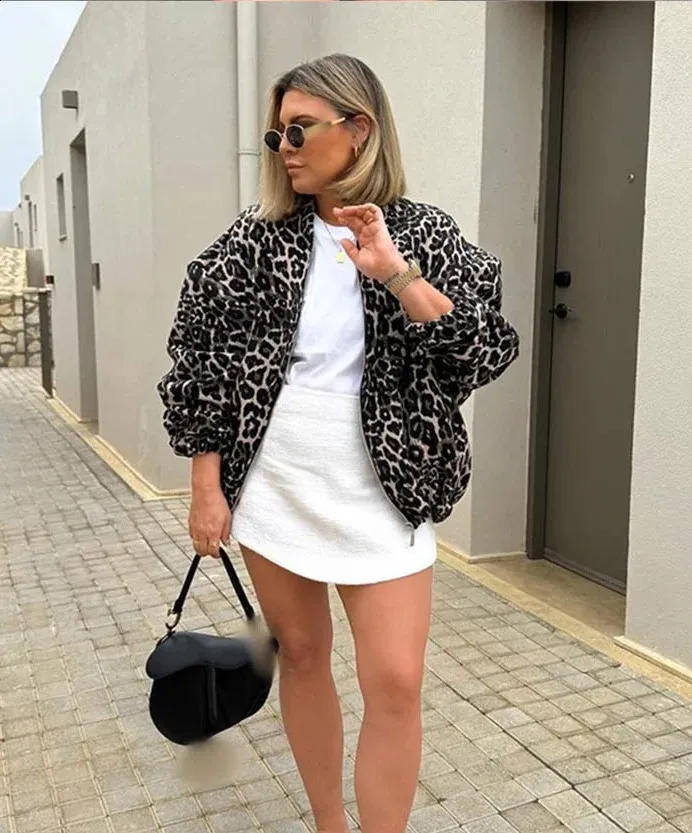 Glamorous Leopard Faux Fur Coat with White Top and Heels — Leopard Coat Outfits