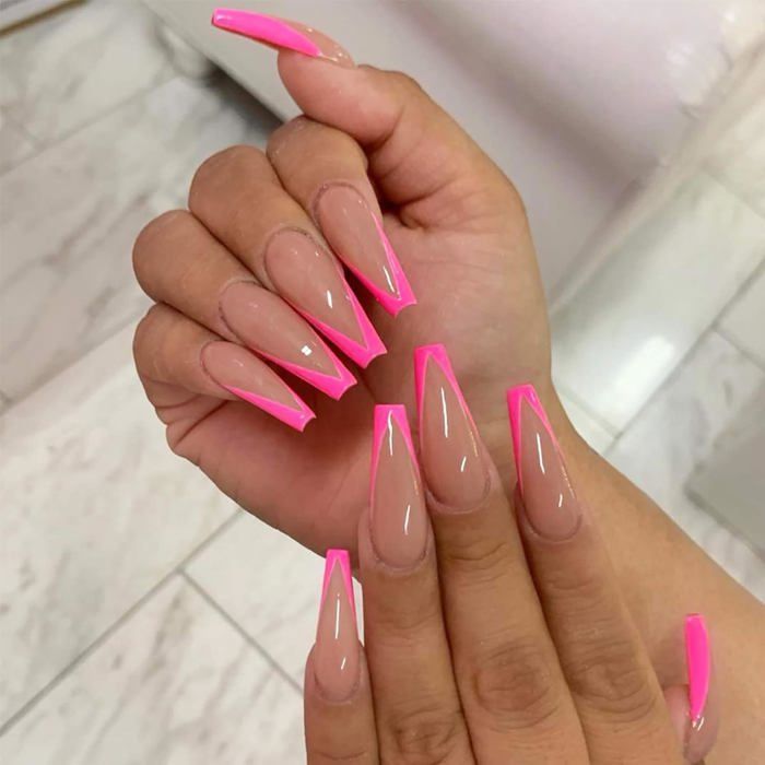 Neon Pink French Tips Visual Idea — Long Winter Coffin Nails
