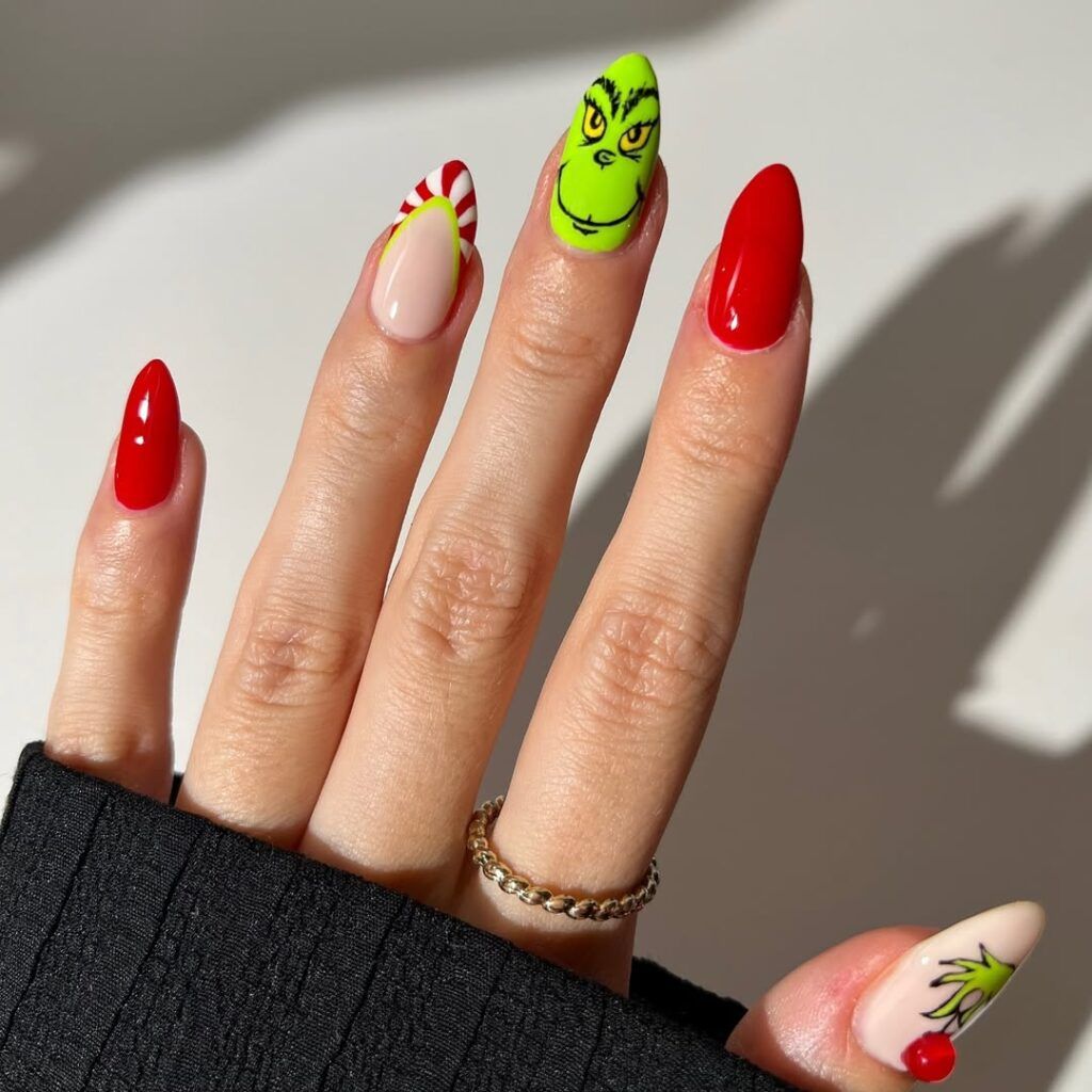 Medium Stiletto Lime Grinch Face and Candy Cane Medium Stiletto Lime Grinch Face and Candy Cane β Grinch Nails 2026