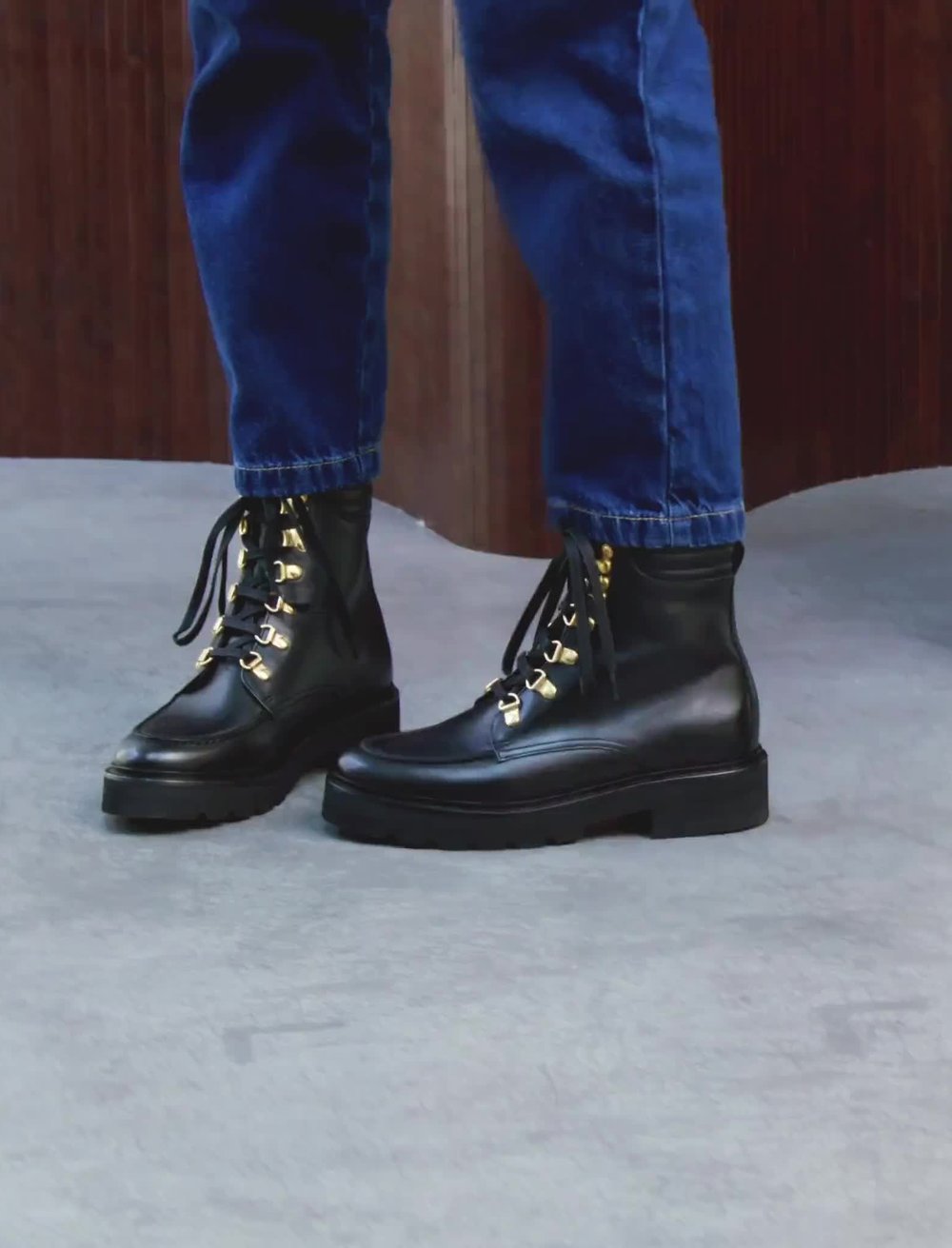 Polished Casual: Black Leather Combat Boots with Gold Eyelets and Denim Polished Casual: Black Leather Combat Boots with Gold Eyelets and Denim β Combat Boots Outfits