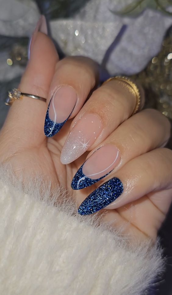 Navy Glitter French Tip Almonds Navy Glitter French Tip Almonds โ Winter Blue Nails