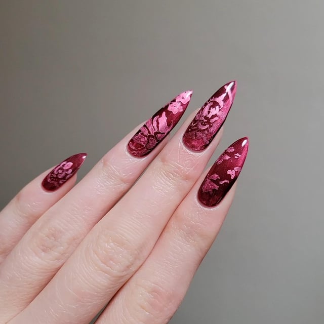 Deep Berry Red Embossed Floral Stiletto Nails Deep Berry Red Embossed Floral Stiletto Nails β Velvet Nails