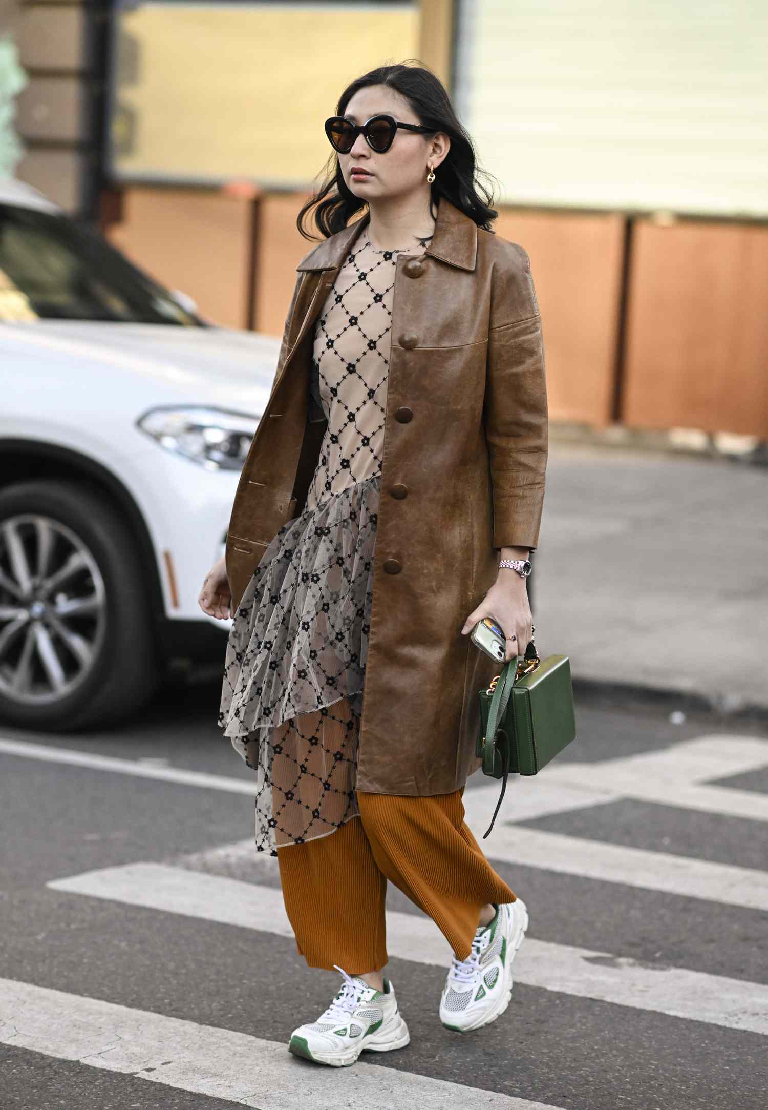 Unexpected Brown Leather Coat with Orange Trousers — Brown Coat Outfits