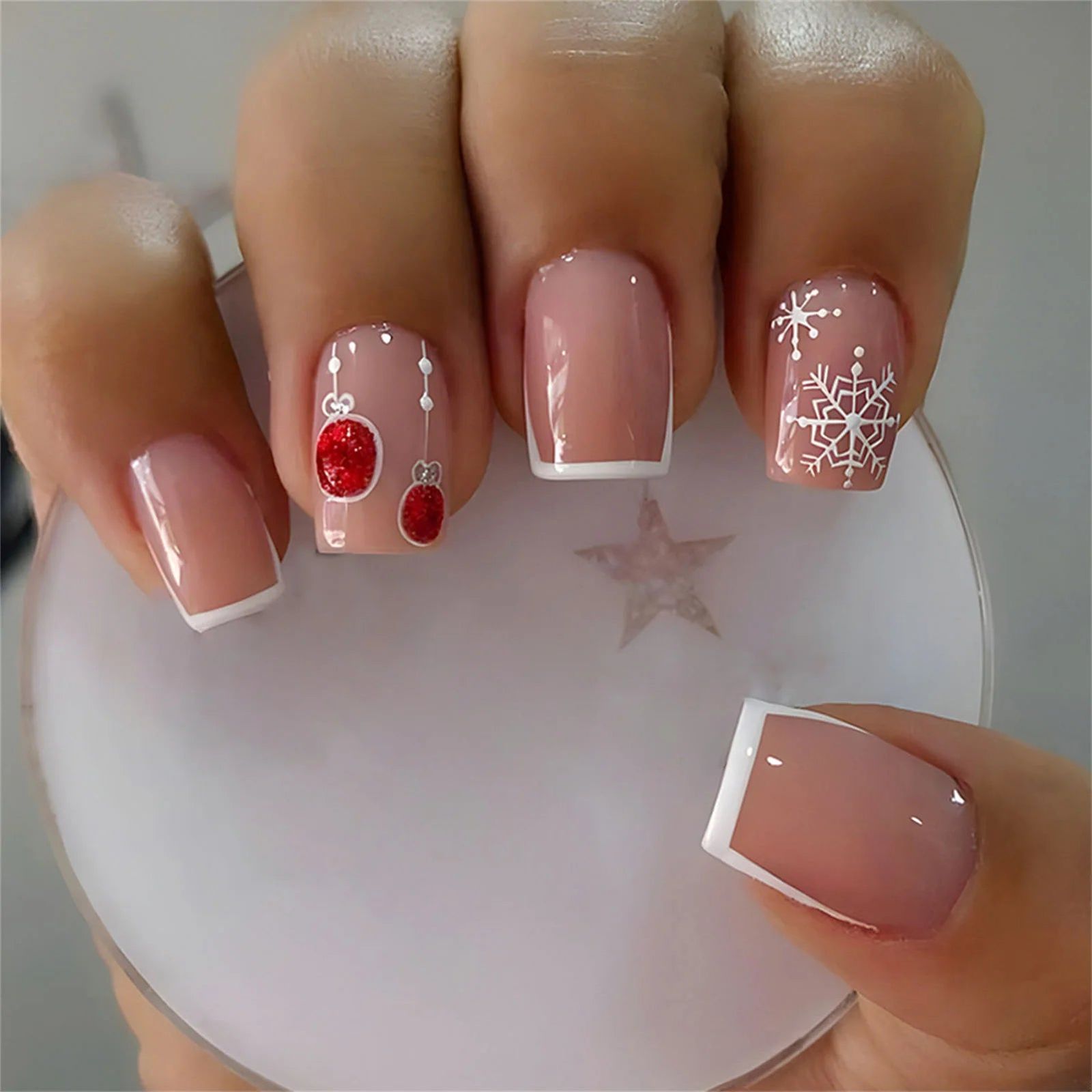 Nude Pink Square Nails with Red Baubles Nude Pink Square Nails with Red Baubles β Christmas Acrylic Nails 2026