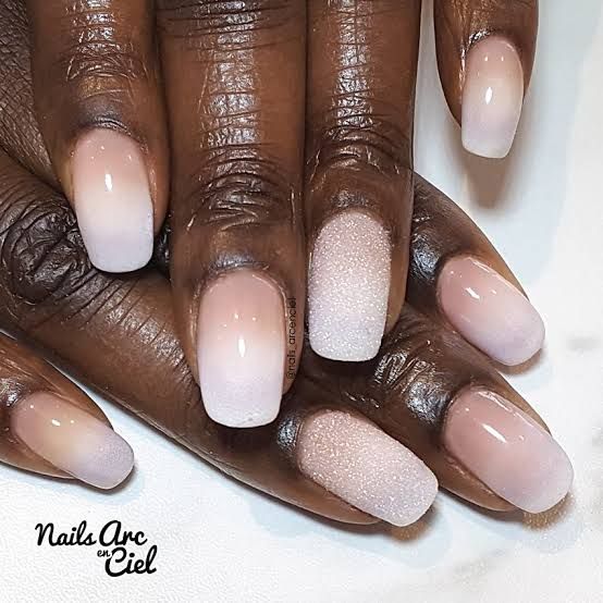 Nude to White Ombre Glitter Nails Nude to White Ombre Glitter Nails β Winter Nail Colors for Dark Skin