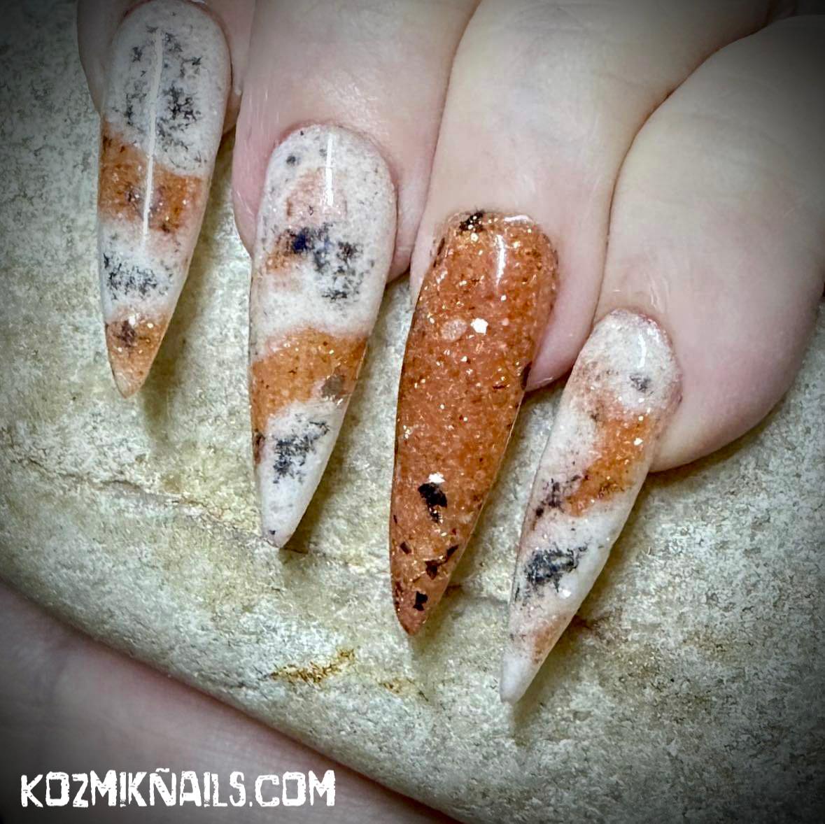 Orange White Marble Gold Glitter Nails — Winter Dip Powder Nails