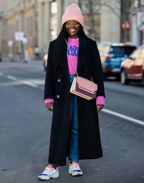 Bright Pink Sweater Pops Against Black Wool Coat — February Outfits