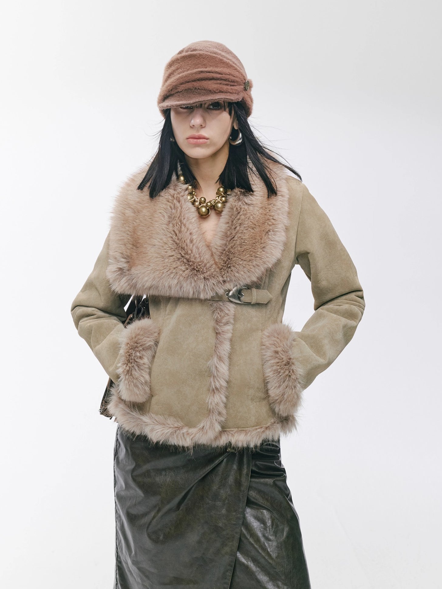 Fitted Shearling Jacket Paired with a Wrap Skirt Fitted Shearling Jacket Paired with a Wrap Skirt โ Shearling Coat Outfits
