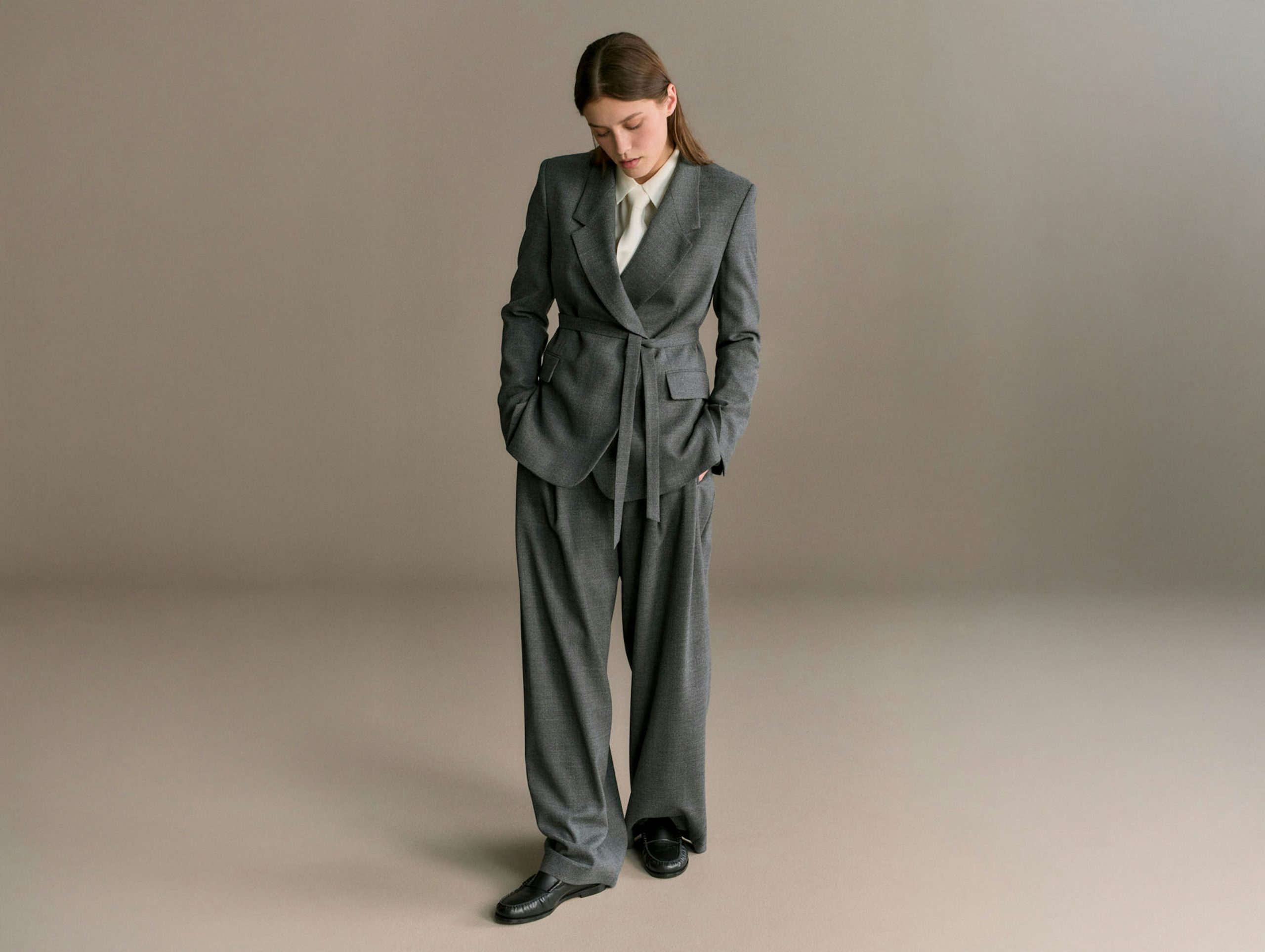 Belted Grey Blazer with Wide-Leg Trousers for Office — Neutral Winter Outfits