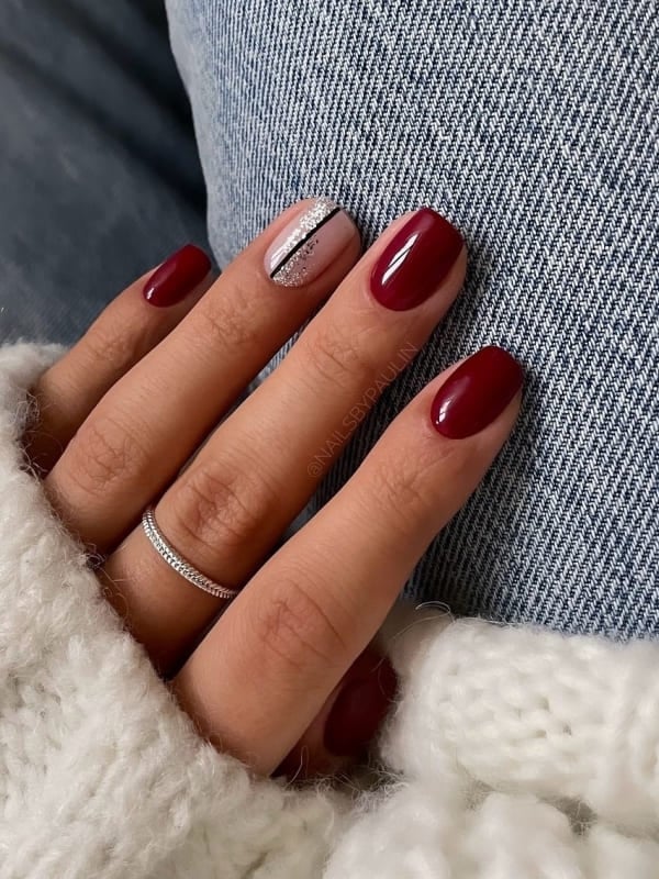 Deep Red Subtle Silver Line Nails Deep Red Subtle Silver Line Nails β Winter Acrylic Nails