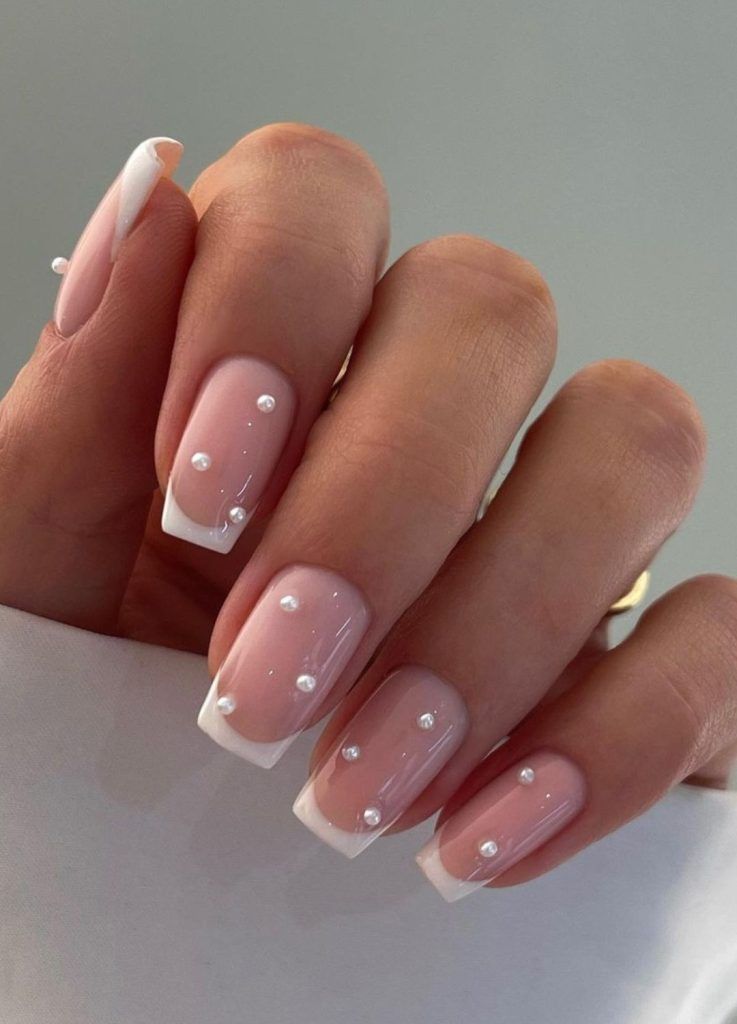 Sheer Pink Base White Tips Pearls on Sheer Pink French Short Squares Sheer Pink Base White Tips Pearls on Sheer Pink French Short Squares β Winter Wedding Guest Nails