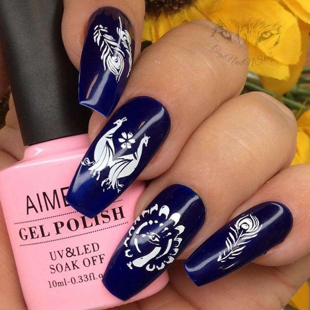 Navy Blue with White Peacock Art Long Coffin Nails Navy Blue with White Peacock Art Long Coffin Nails β Navy Blue Nails