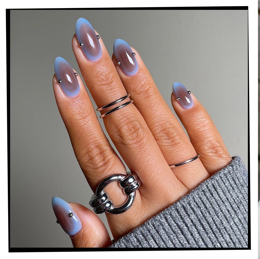 Blue-Grey Cat-Eye French Tip Almond Nails Blue-Grey Cat-Eye French Tip Almond Nails β Short Winter Acrylic Nails