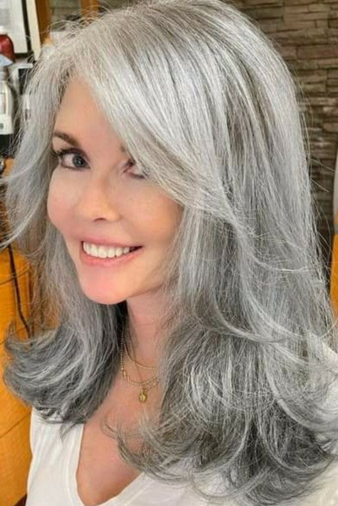 Ash Gray Bob With Side-Swept Fringe Ash Gray Bob With Side-Swept Fringe β Gray Blending Highlights