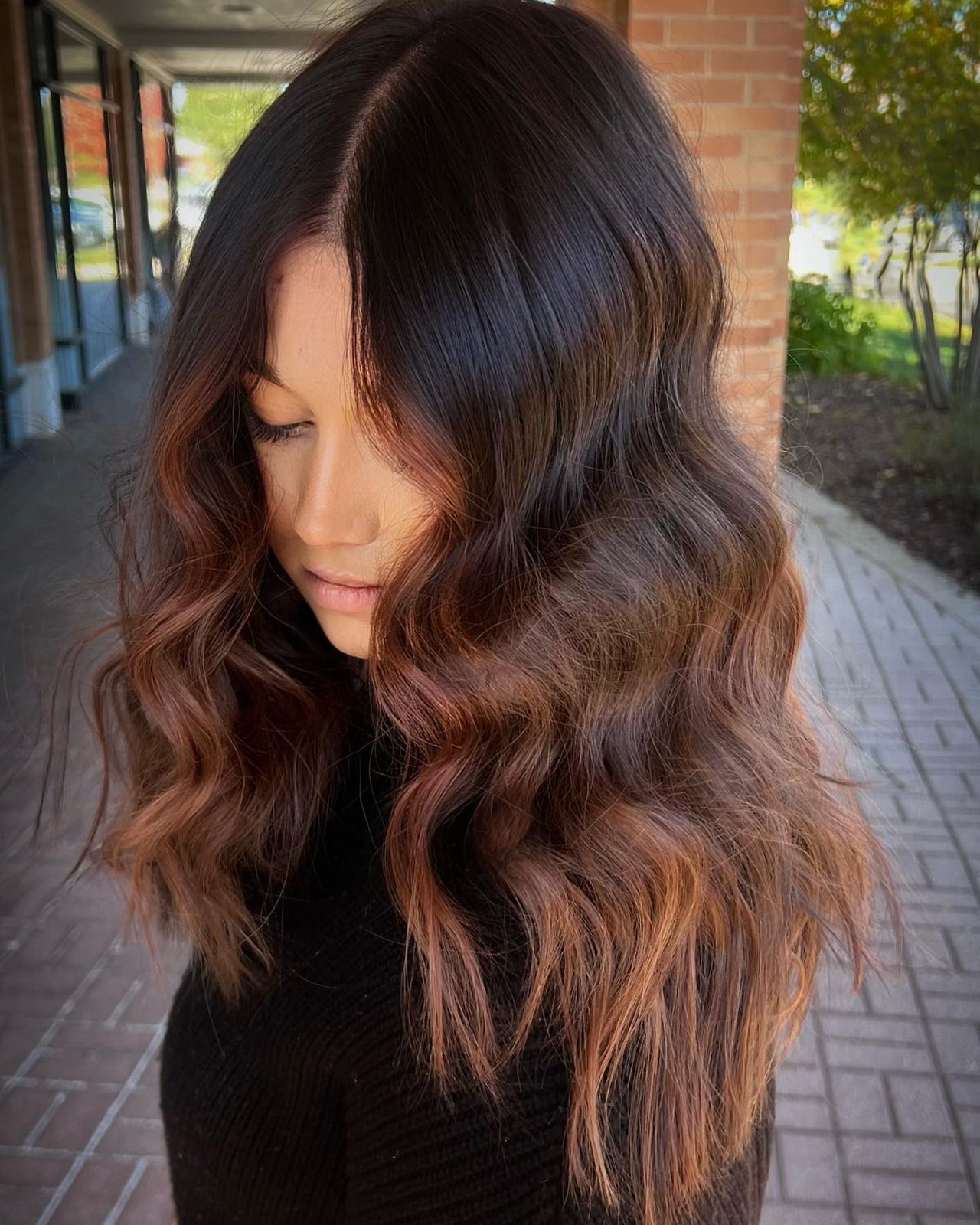 Long Layers Dark Brown With Voluminous Cinnamon Highlights — Cinnamon Brown Hair