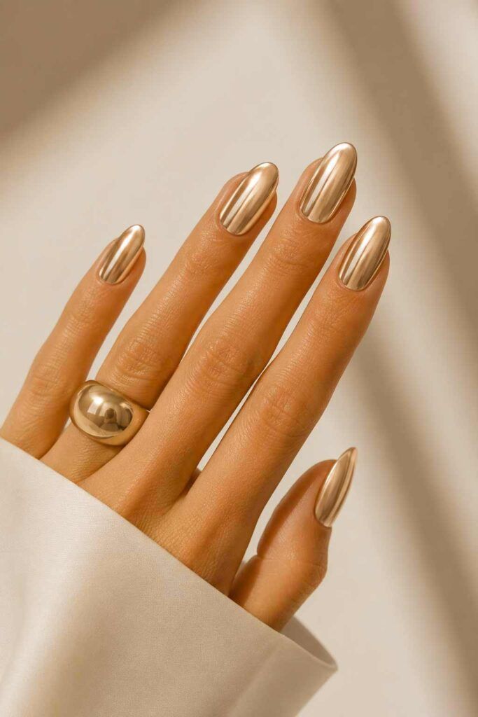 Metallic Gold Chrome Almonds Metallic Gold Chrome Almonds β Winter Champagne Nails