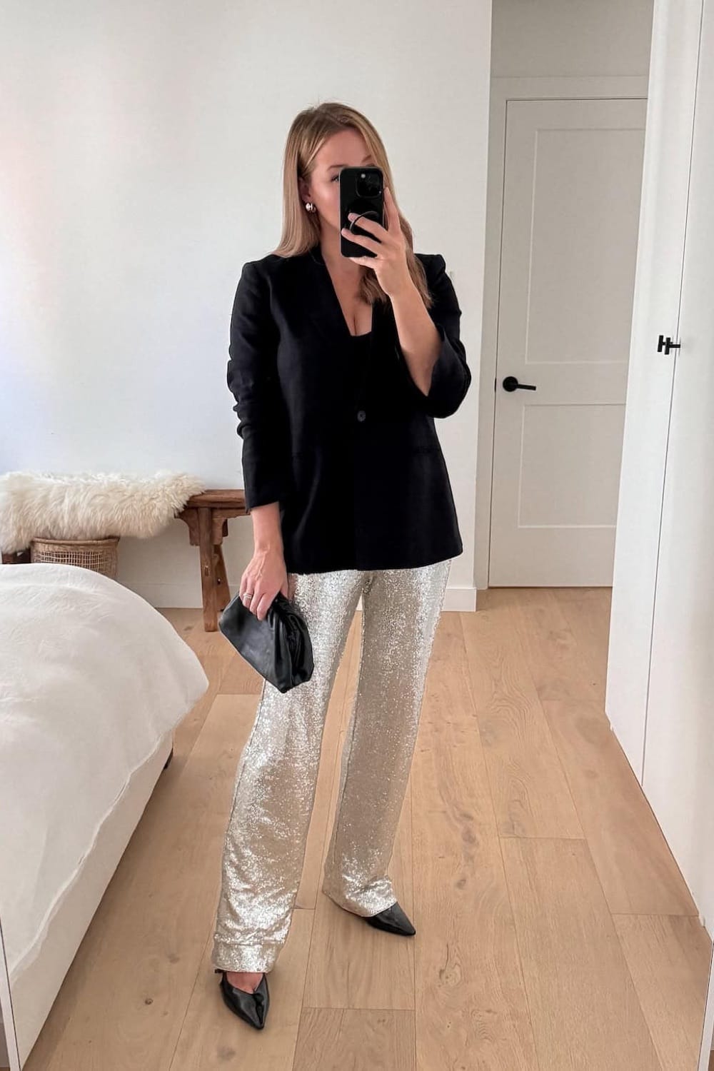 Silver Sequin Pants Paired with an Oversized Black Blazer — Winter Party Outfits