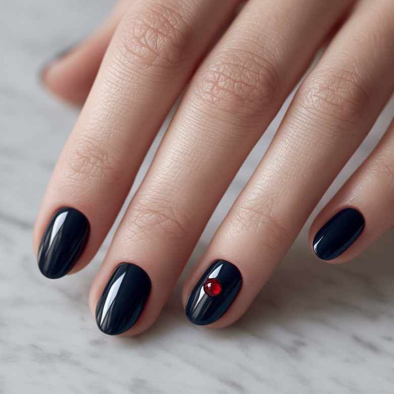 Deep Navy with Red Rhinestone Accent Deep Navy with Red Rhinestone Accent β Short Winter Round Nails