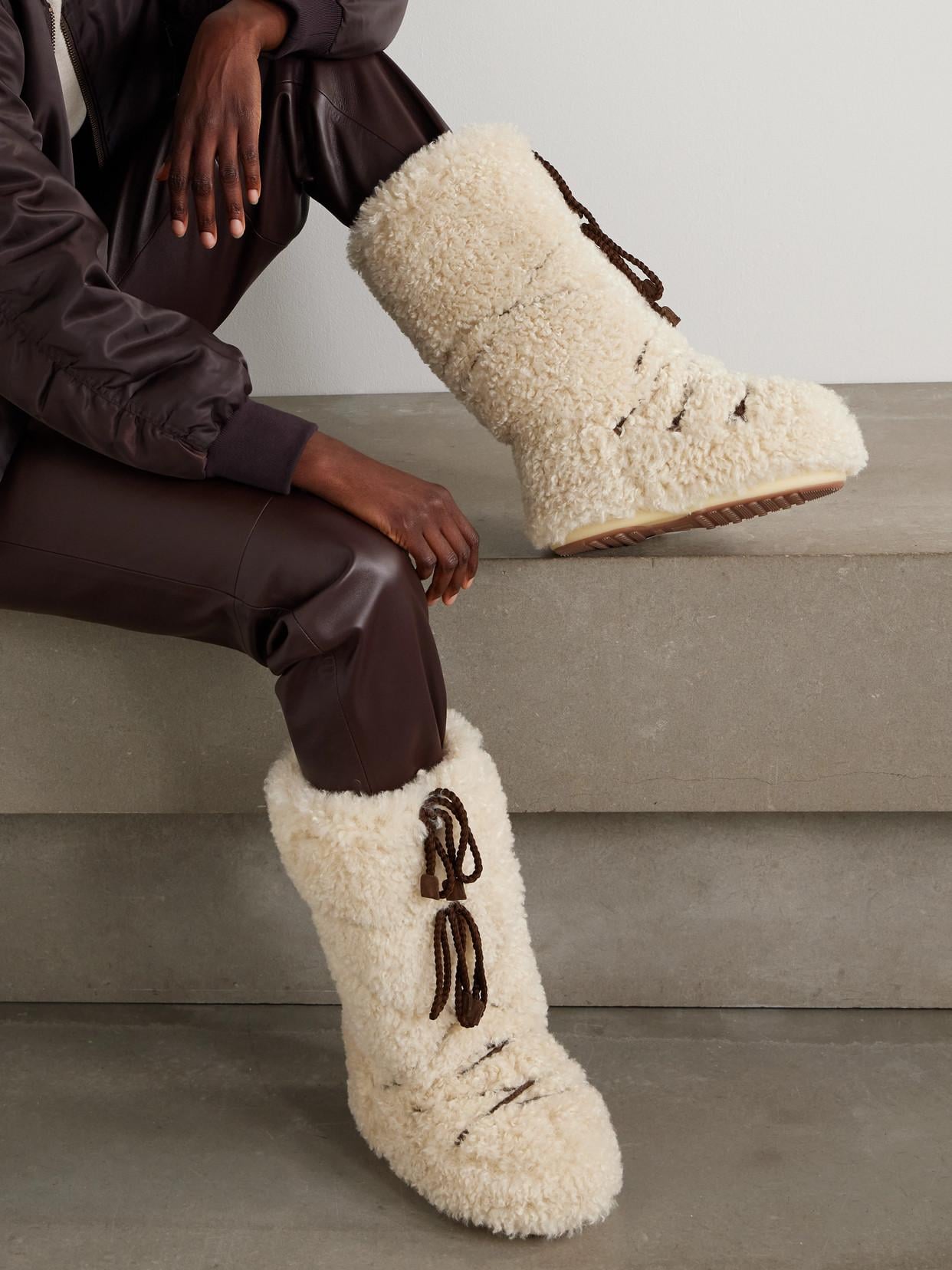 Edgy Winter Style: Cream Snow Boots with Leather Pants — Moon Boots Outfits