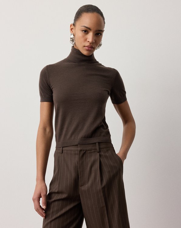 Short-Sleeve Brown Turtleneck with Pinstripe Trousers — Turtleneck Outfits