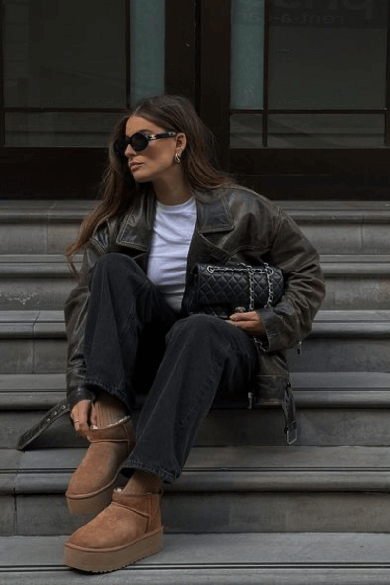 Light Brown Platform Boots with Jeans and Leather Jacket — Brown Boots Outfits