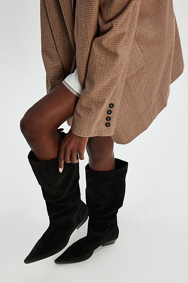 Suede Slouchy Boots Paired with a Plaid Blazer and Slip Dress Suede Slouchy Boots Paired with a Plaid Blazer and Slip Dress β Slouchy Boots Outfits