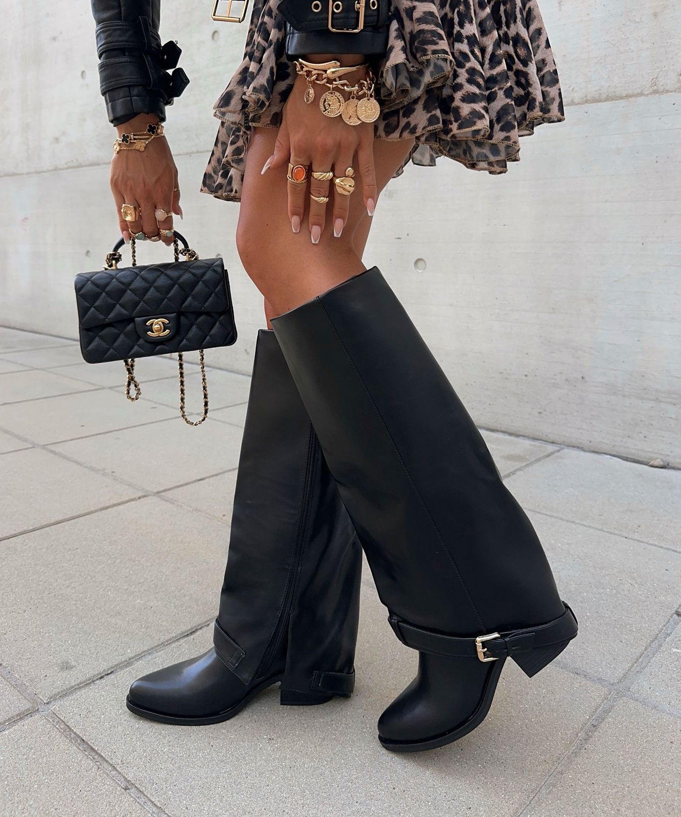 Night Out: Black Leather Boots with Leopard Mini Dress Night Out: Black Leather Boots with Leopard Mini Dress β Knee High Boots Outfits