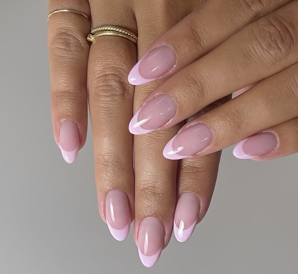 Sheer Pink Pale Lavender French Almond Sheer Pink Pale Lavender French Almond β Winter to Spring Transition Nails