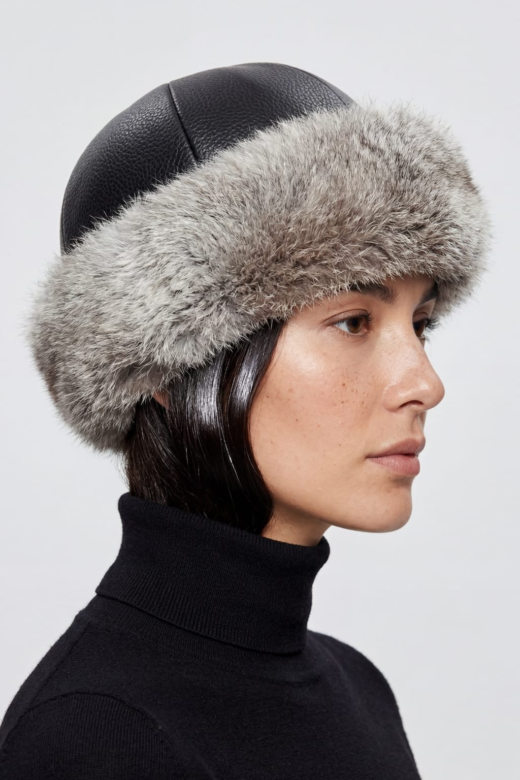 Black Leather Hat with Grey Fur Trim and Turtleneck Black Leather Hat with Grey Fur Trim and Turtleneck β Fur Hat Outfits