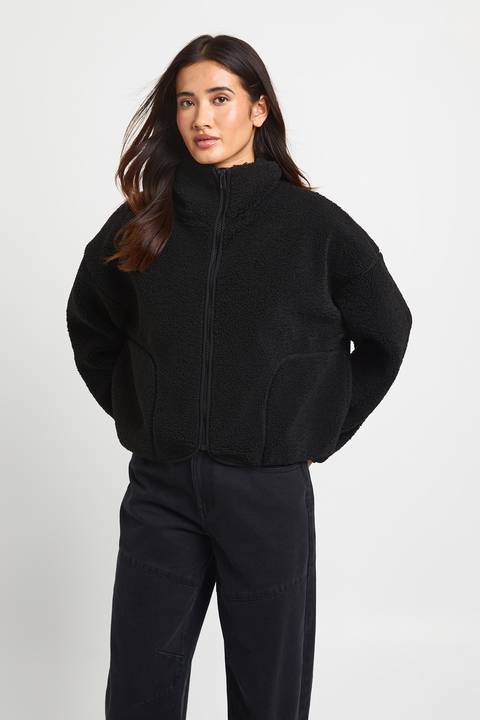 Chic Black Cropped Teddy Jacket — Teddy Coat Outfits