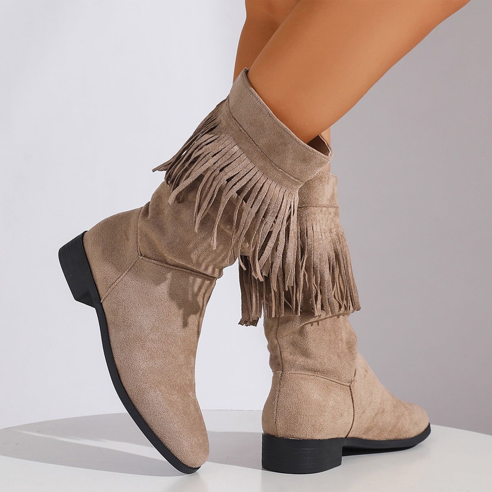 Fringed Taupe Suede Mid-Calf Boots for a Bohemian Touch Fringed Taupe Suede Mid-Calf Boots for a Bohemian Touch โ Suede Boots Outfits