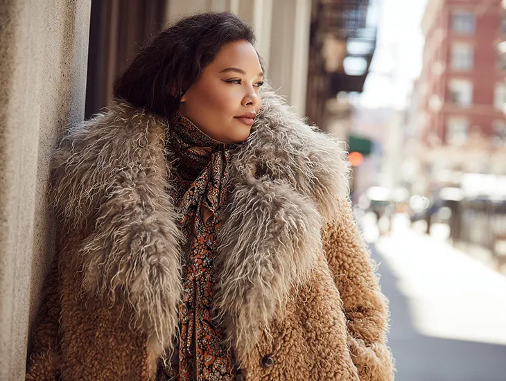 Oversized Faux Fur Coat with Patterned Dress Oversized Faux Fur Coat with Patterned Dress β Winter Outfits for Plus Size Women